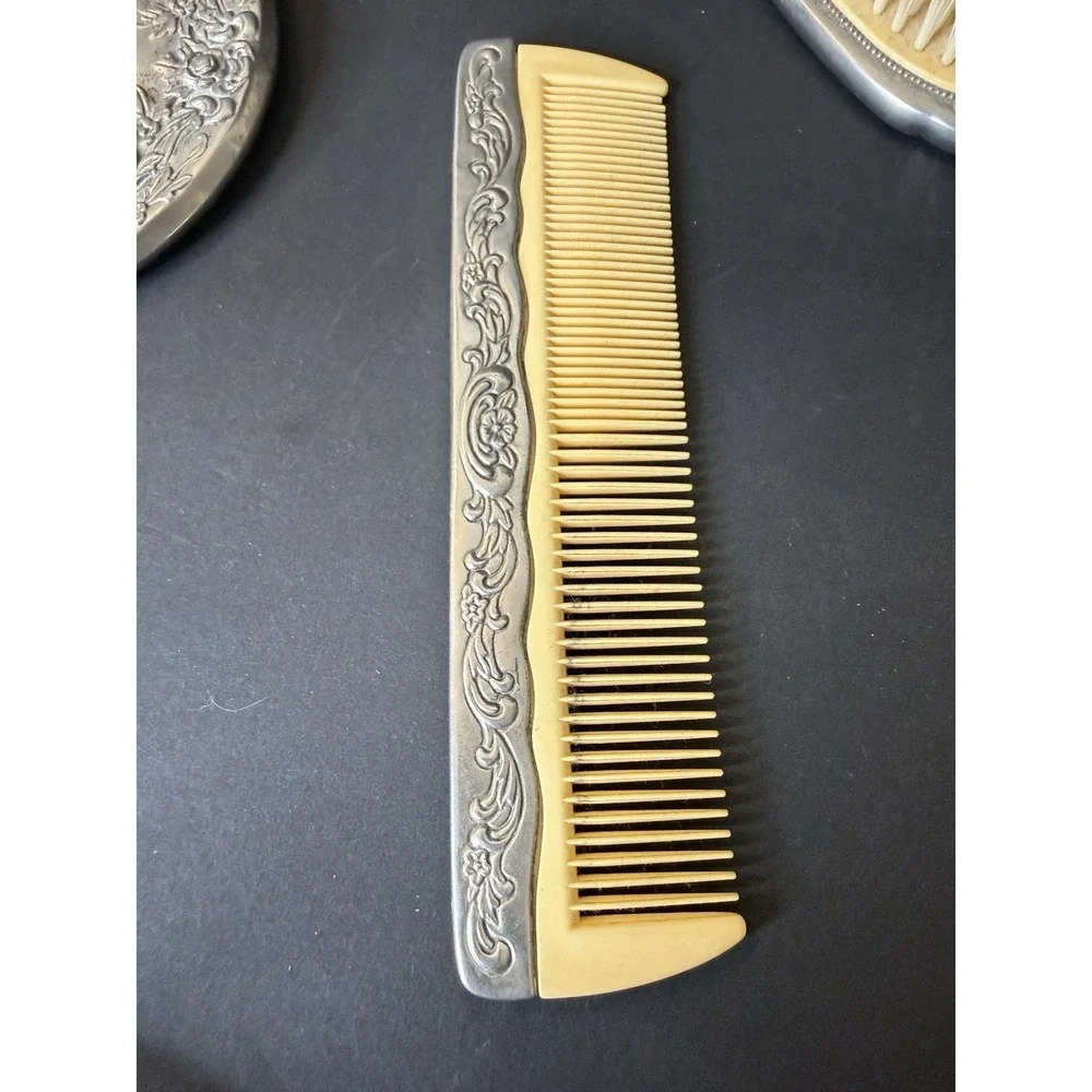 Vintage Vanity Set of 3 Repousse Floral Silver Tone Mirror, Brush & Comb EUC